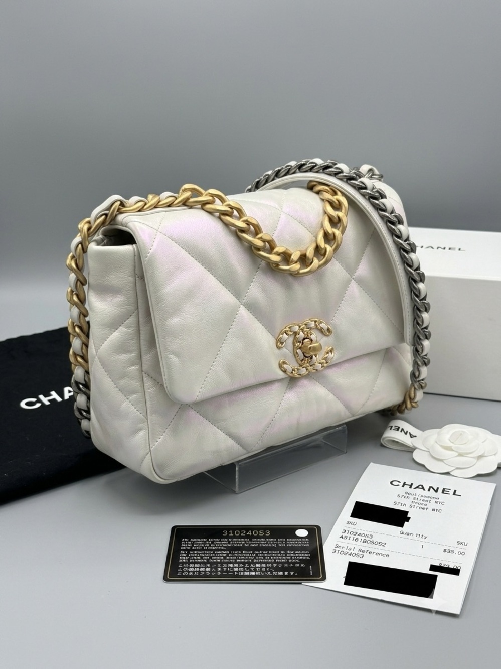 Authentic Chanel 19 Flap Bag Medium – Iridescent White Pearlescent Calfskin